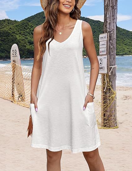 2024 summer casual vest V-neck loose dress with pockets summer bohemian beach dress floral T-shirt with pockets