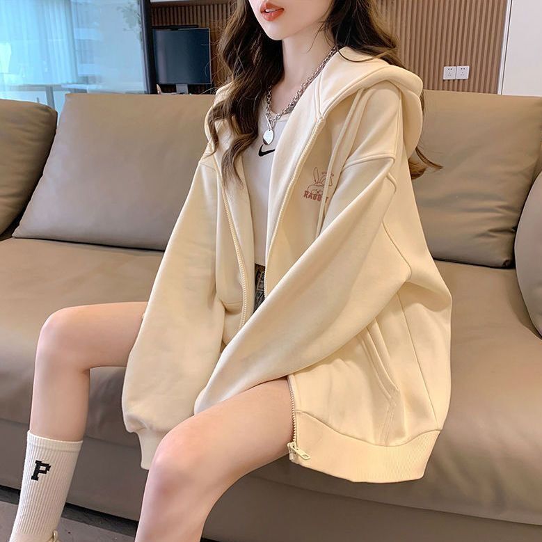 Embroidered Pattern Hooded Sweatshirt Girls' Cardigan Jacket 2026 Spring, Autumn and Winter New Style Lazy Style Loose Long-Sleeved Top