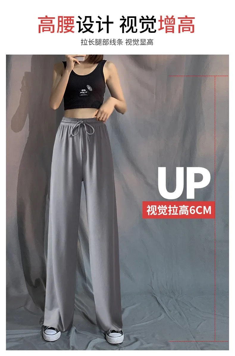 2026 Thin Ice Silk Wide-Leg Pants for Women, Summer Student Korean Style, Drapey Loose Fit, Versatile High-Waisted Elastic Thin Straight-Leg Pants