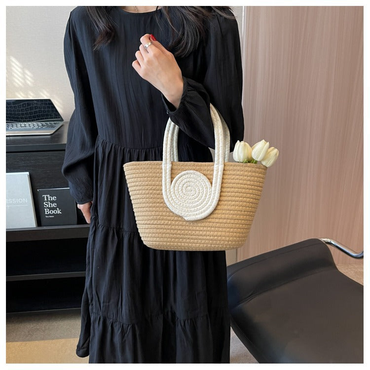 Contrast Cotton Rope Woven Handbag Women's Bag Korean Style Bag New Large Capacity Stylisse Handbag All-match Tote Bag