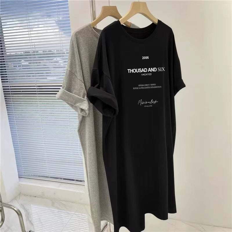 Korean Short-Sleeved Dress Women's Summer Fat mm Large Size Slim Mid-Length T-Shirt Dress over the Knee Casual Long Skirt