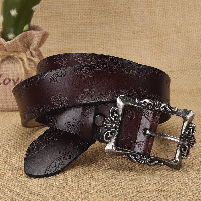 Cross-border European and American Women's Retro Belt Embossed Pattern Pin Buckle Belt Women's Ins Style All-match Simple Casual Pants Belt