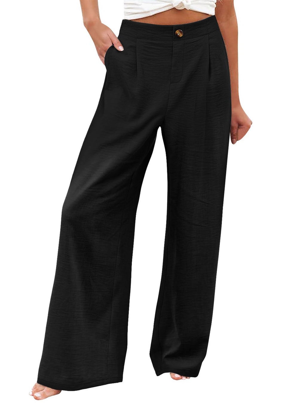 2026 Cross-Border Amazon European and American Summer Comfortable High-Waisted Long Pants with Buttons and Elastic Waist Wide-Leg Pants for Women Casual Straight-Leg Pants