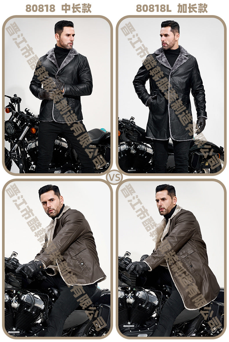Men's Mid-Length Leather Jacket for Middle-Aged and Elderly People in Autumn and Winter Business European Size Plus Velvet Large Lapel Suit Leather Plush Jacket for Men