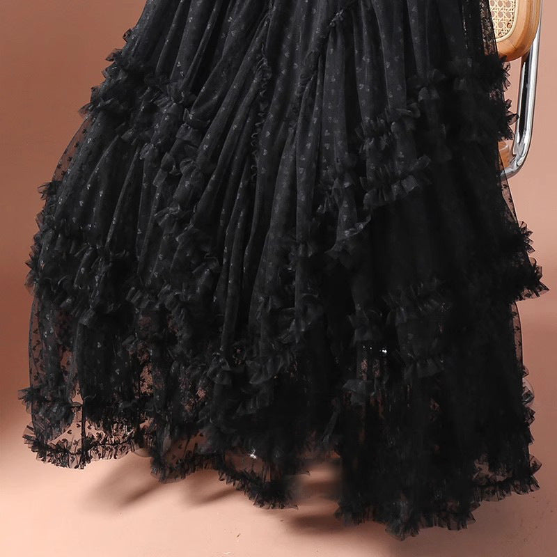 2026 Mesh Heart Printed Skirt Women Elastic High Waist Skirt Elegant Tulle A Line Ruffle Party Skirt Long Summer Saia Feminina