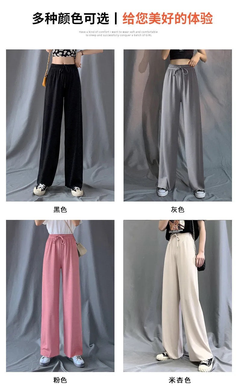 2026 Thin Ice Silk Wide-Leg Pants for Women, Summer Student Korean Style, Drapey Loose Fit, Versatile High-Waisted Elastic Thin Straight-Leg Pants