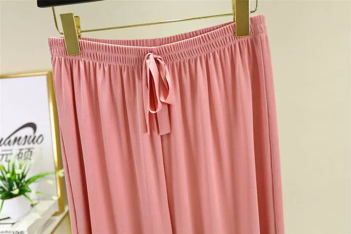 Korean style high waist drawstring lace-up ice silk seamless straight slimming wide-leg pants summer thin draping casual trousers