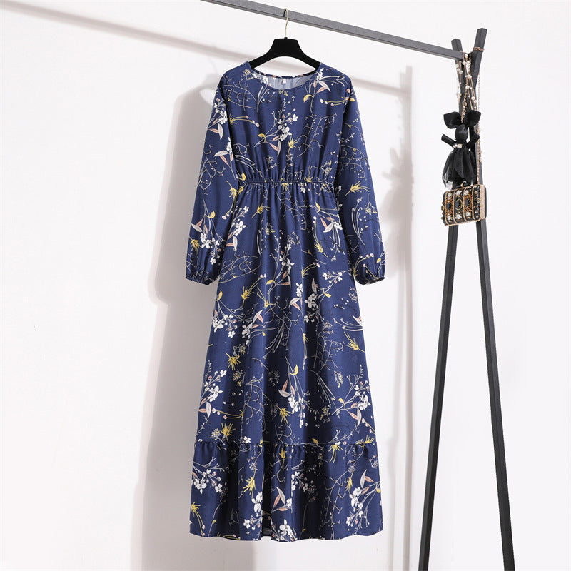 Cross-border Foreign Trade Floral Chiffon Long Dress Women's Spring Dress Long Sleeve Crewneck Base Skirt Waist Slim Long Dress