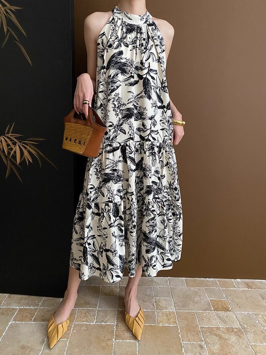 French Ink Print Sling dress Summer 2024 New Elegant Cool Beach Seaside Holiday Midi Dress