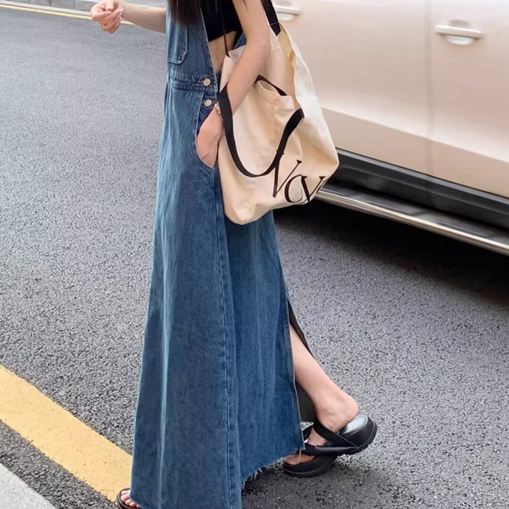 Age-Reducing and Slimming Denim Suspender Dress for Women, 2026 Autumn New Style, Loose Fit, Long Dress for Tall Women, Blue Dress