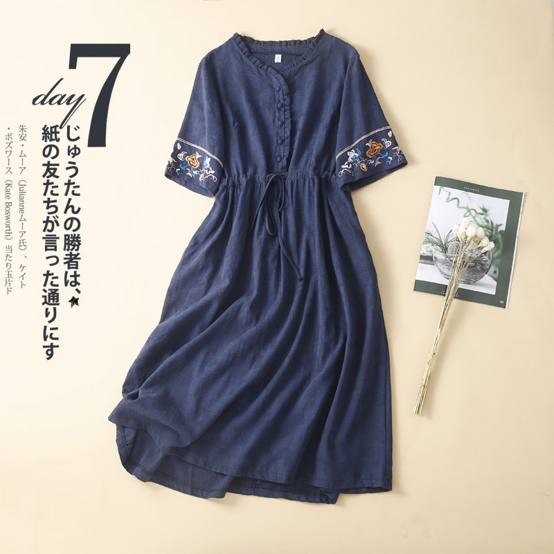 Ethnic Style Cotton and Linen Embroidered Dress Women's 2023 Summer Long Loose Style Lace Collar Short-Sleeved Over-the-Knee Long Dress