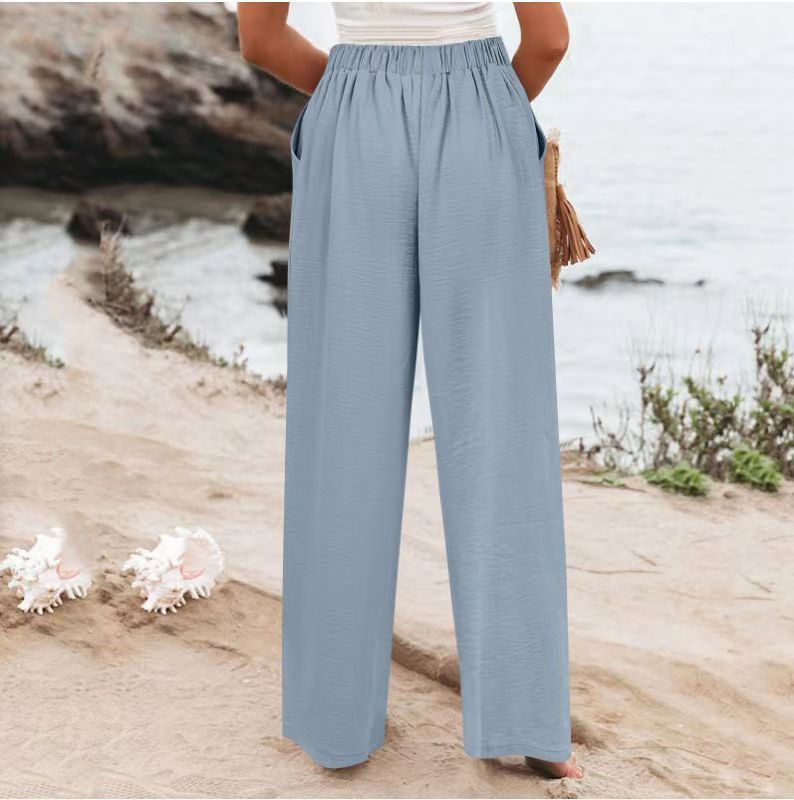 2026 Cross-Border Amazon European and American Summer Comfortable High-Waisted Long Pants with Buttons and Elastic Waist Wide-Leg Pants for Women Casual Straight-Leg Pants