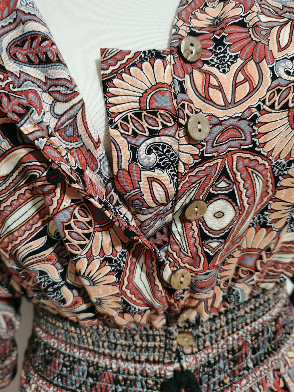 2025 Rayon Positioning Printed Three-Quarter Sleeve Waist Bohemian Women's Dress Vacation Buttoned Beach Skirt