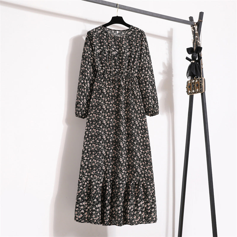 Cross-border Foreign Trade Floral Chiffon Long Dress Women's Spring Dress Long Sleeve Crewneck Base Skirt Waist Slim Long Dress