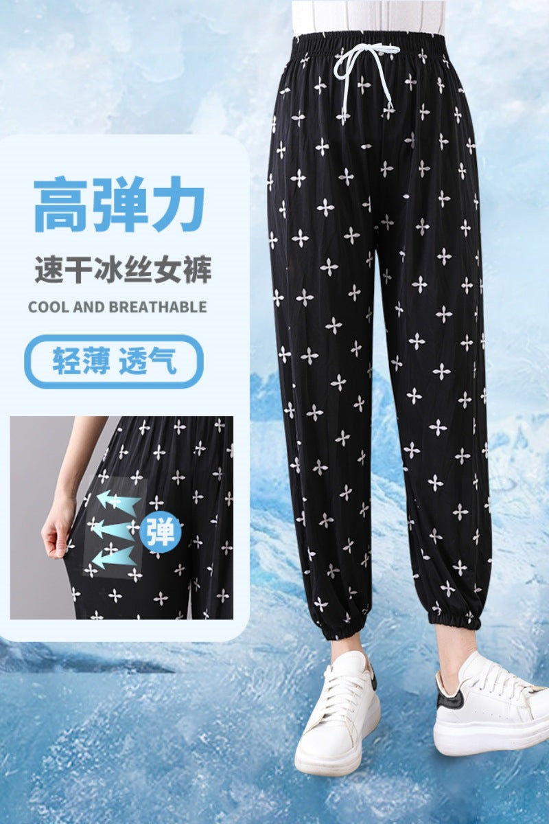 Cross-Border Popular Summer Women's Ice Silk Pants for Middle-Aged and Elderly, Loose Casual Home Pants, Elastic Plus-Size Pants for Square Dancing