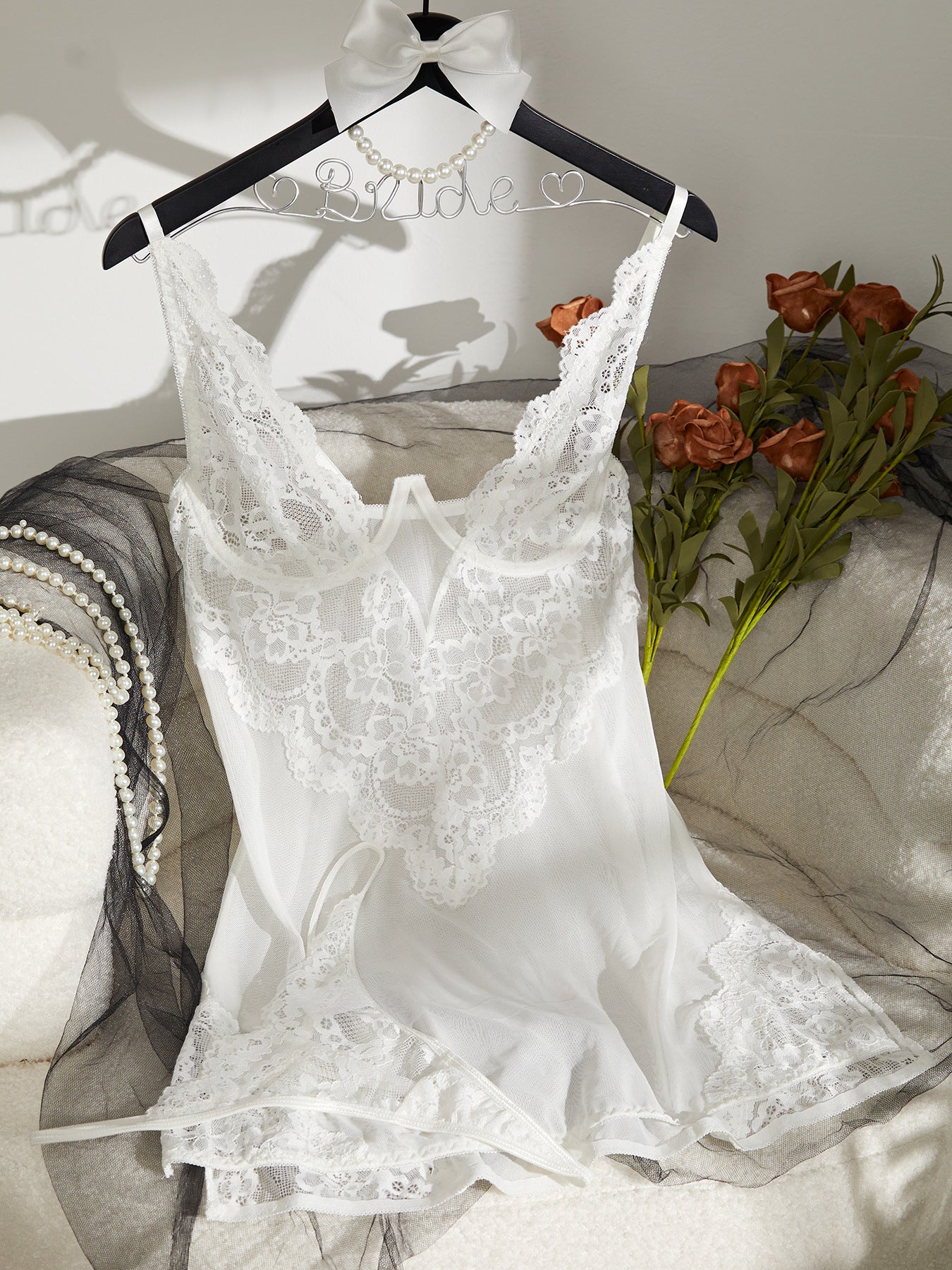 Lingerie Capano European and American Cross-Border Sexy Suspender Nightgown Cut Out Mesh See-Through Lace Pajamas for Women