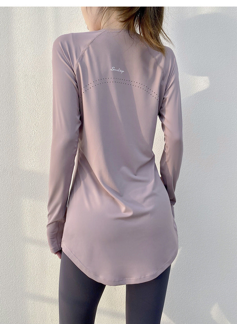 Spring and Summer Long Hip Covering Slimming Style Beautiful Back Breathable Yoga Suit Long Sleeve Running Fitness Sportswear T-shirt for Women