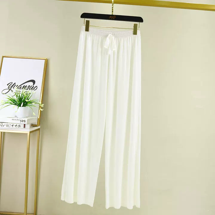 Korean style high waist drawstring lace-up ice silk seamless straight slimming wide-leg pants summer thin draping casual trousers