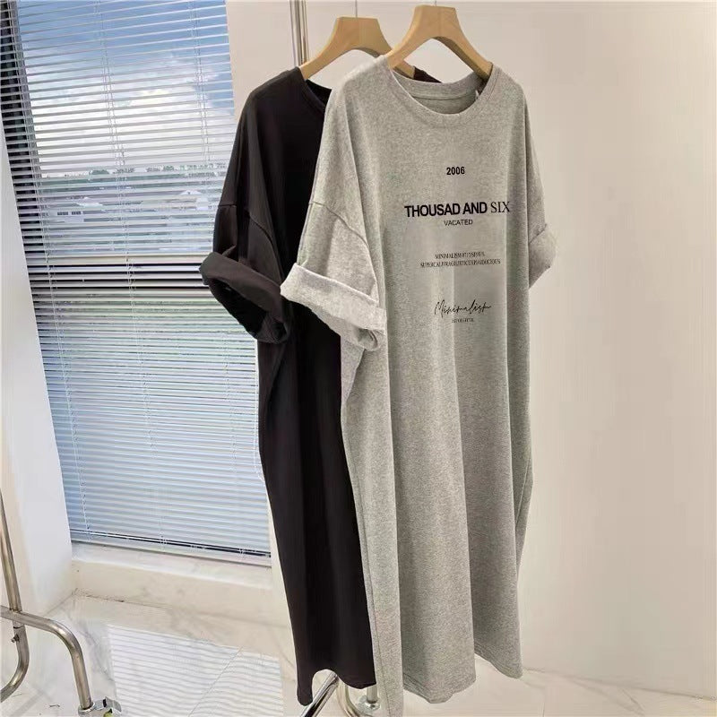 Korean Short-Sleeved Dress Women's Summer Fat mm Large Size Slim Mid-Length T-Shirt Dress over the Knee Casual Long Skirt