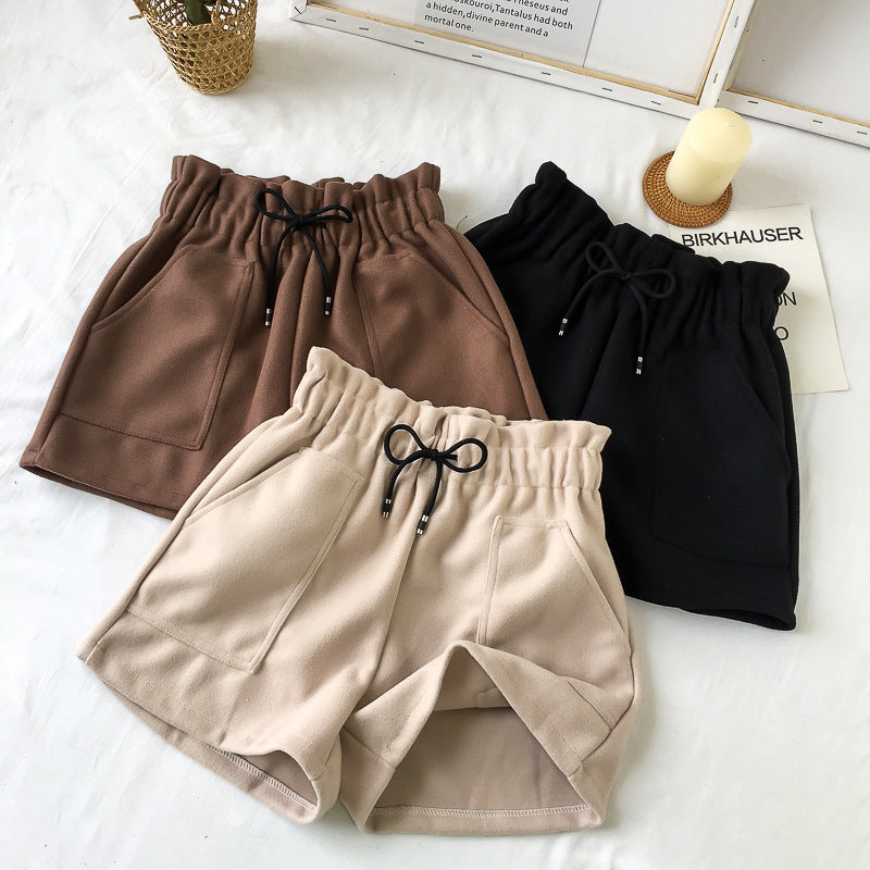 High Waist Woolen Shorts Autumn and Winter 2024 New Black Wide Leg Pants Slimming Spring Outwear Loose Casual Boots for Women