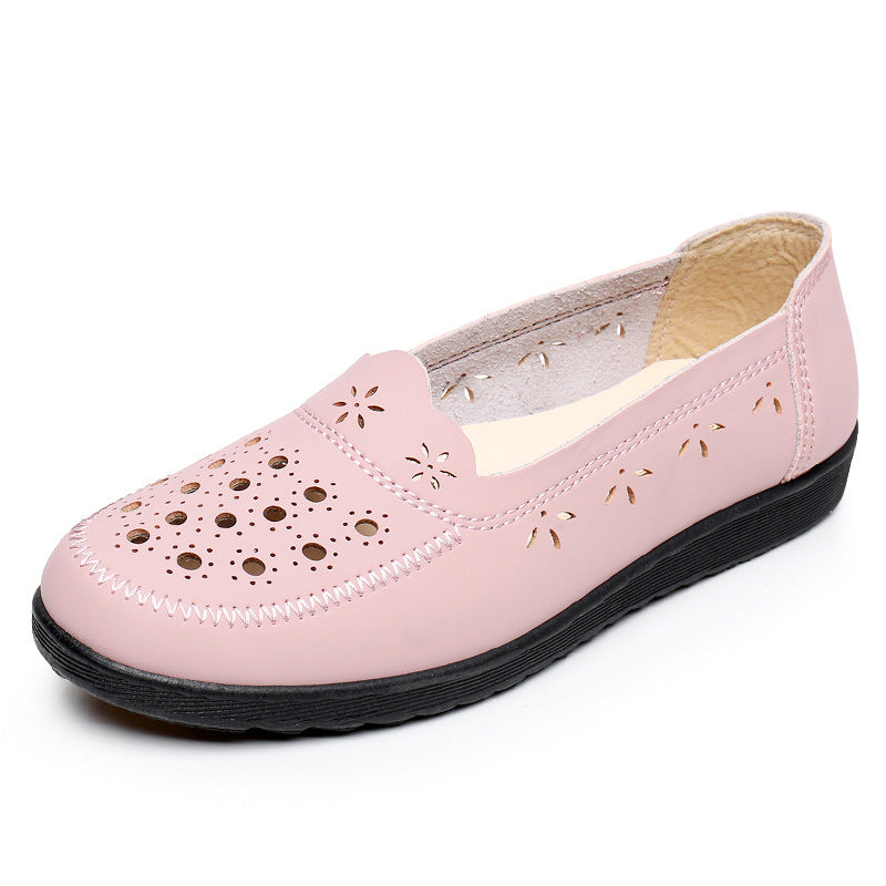 Spring Mom Shoes Sandals Soft Sole Comfortable Flats Hole Hollow Flats Shoes Middle-Aged and Elderly Women's Shoes Elderly Grandma Leather Shoes