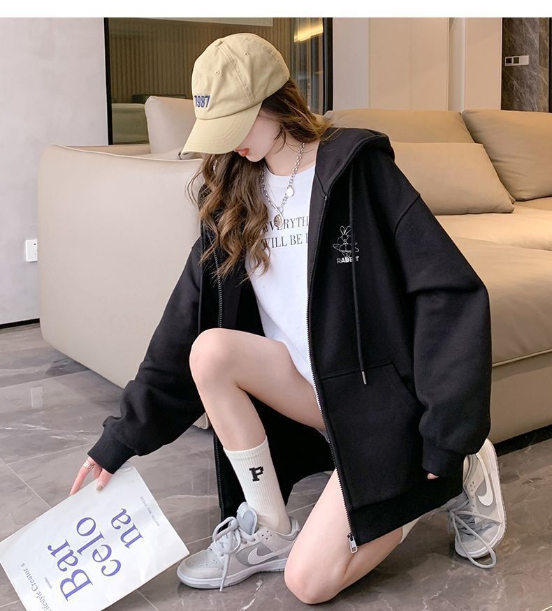 Embroidered Pattern Hooded Sweatshirt Girls' Cardigan Jacket 2026 Spring, Autumn and Winter New Style Lazy Style Loose Long-Sleeved Top