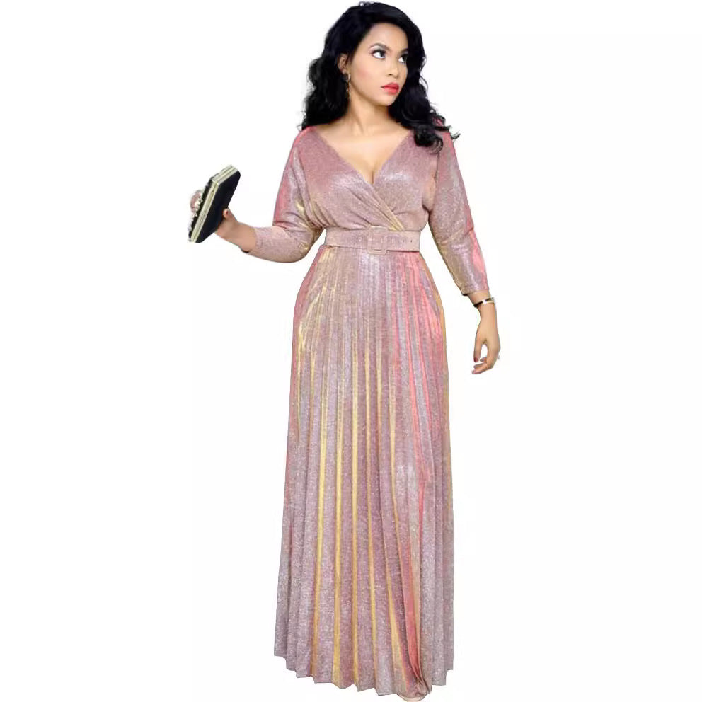 2025 Winter Cross-Border European and American African Women's Fashionable Long-Sleeved Bronzing Pleated Skirt with Belt Glitter Fabric