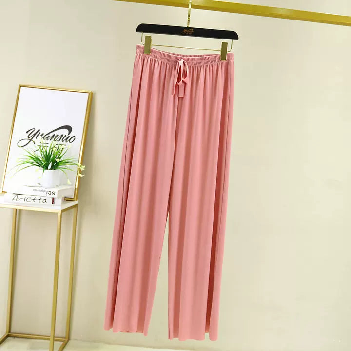 Korean style high waist drawstring lace-up ice silk seamless straight slimming wide-leg pants summer thin draping casual trousers