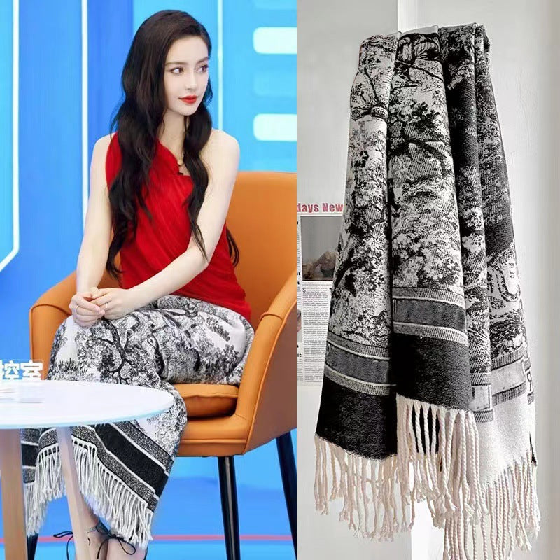 2025 Double-Sided Shawl Liu Yifei Same Style Long Tassel Scarf Korean Style Women's Thickened Ethnic Style Four-Season Scarf Wholesale