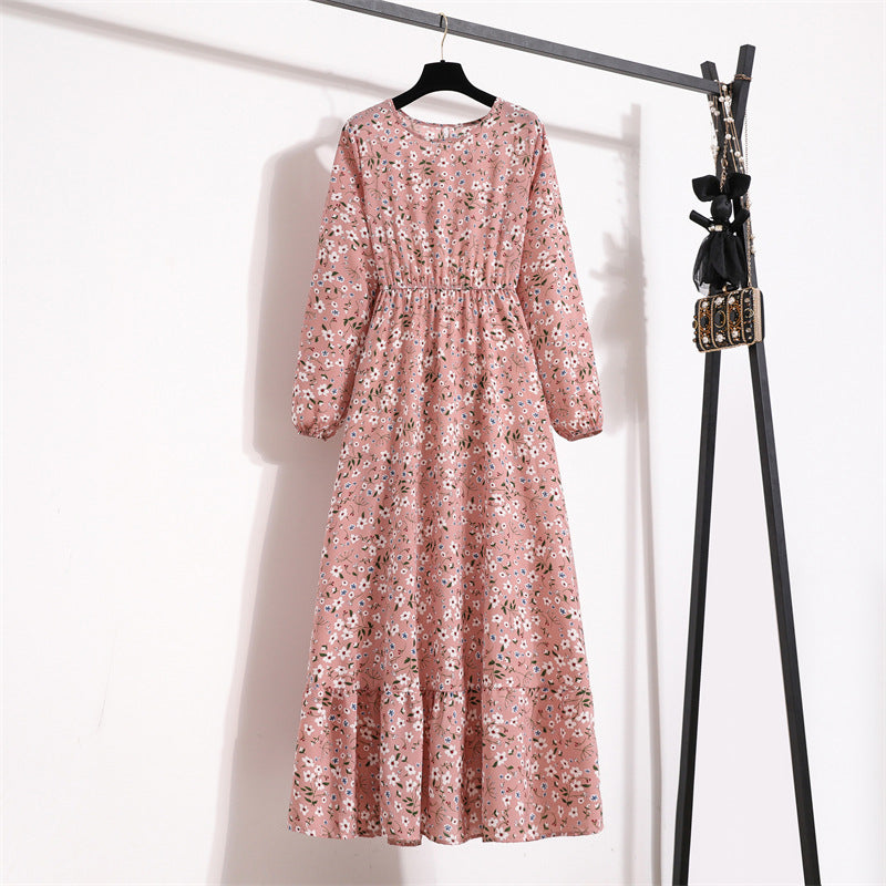 Cross-border Foreign Trade Floral Chiffon Long Dress Women's Spring Dress Long Sleeve Crewneck Base Skirt Waist Slim Long Dress