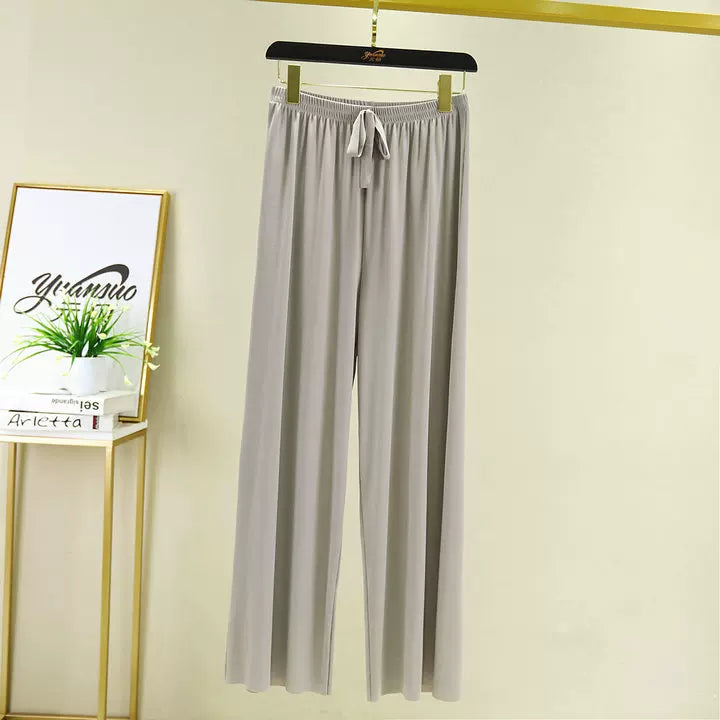 Korean style high waist drawstring lace-up ice silk seamless straight slimming wide-leg pants summer thin draping casual trousers