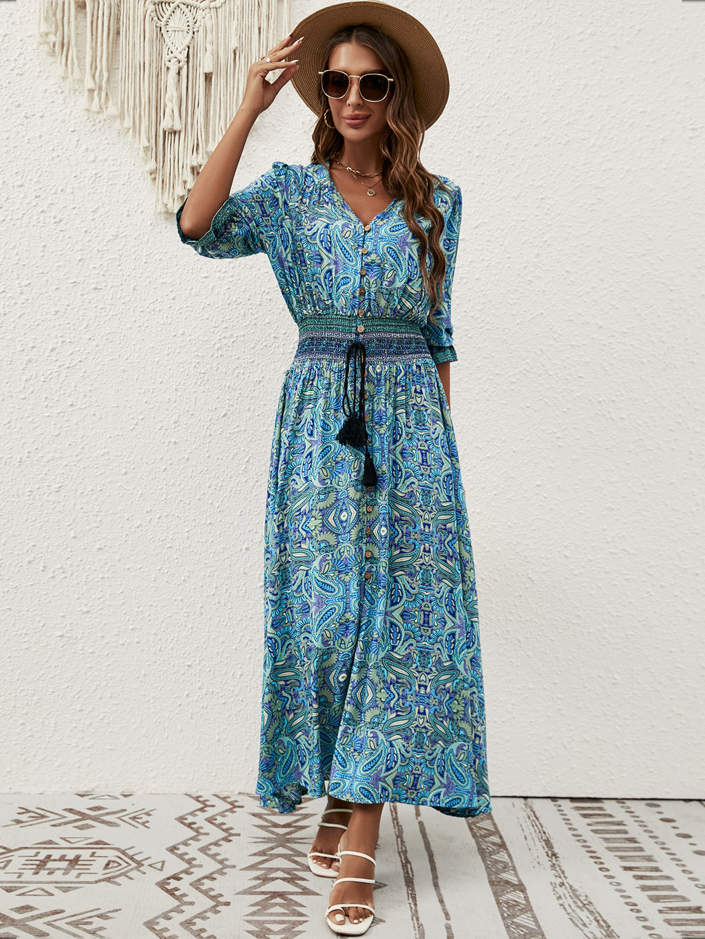 2025 Rayon Positioning Printed Three-Quarter Sleeve Waist Bohemian Women's Dress Vacation Buttoned Beach Skirt