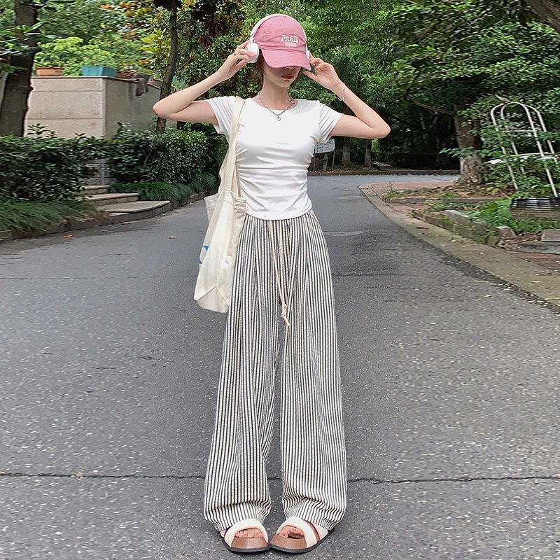 Foreign Trade Bag-free Trendy Black and White Vertical Stripe Wide-leg Pants Women's Summer Thin Vertical Straight Pants All-match Slimming Casual