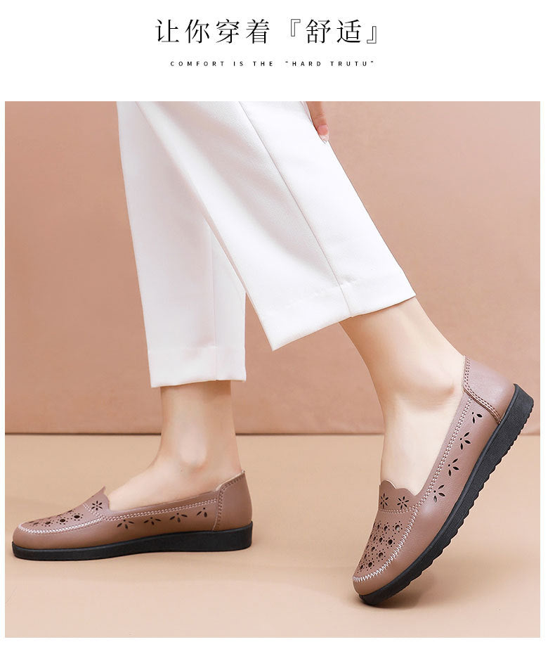 Spring Mom Shoes Sandals Soft Sole Comfortable Flats Hole Hollow Flats Shoes Middle-Aged and Elderly Women's Shoes Elderly Grandma Leather Shoes