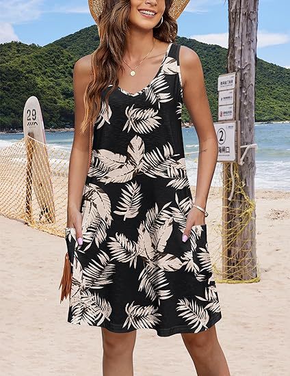 2024 summer casual vest V-neck loose dress with pockets summer bohemian beach dress floral T-shirt with pockets