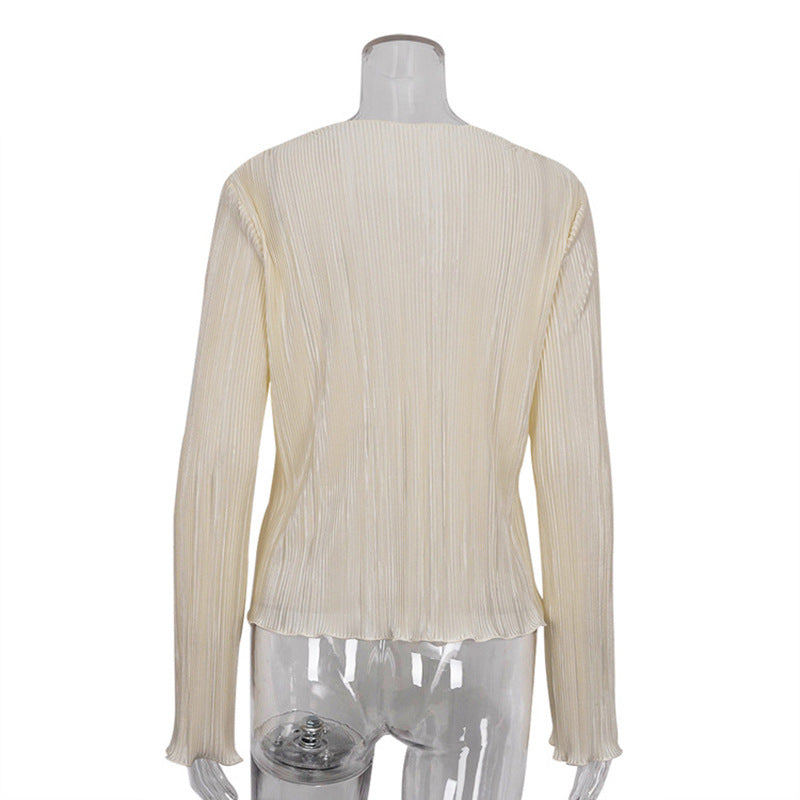 European and American Ins Style 2024 New Summer Sexy Hot Girl Top Slim-fit Horn Long-sleeved Pleated Shirt Women's French Style