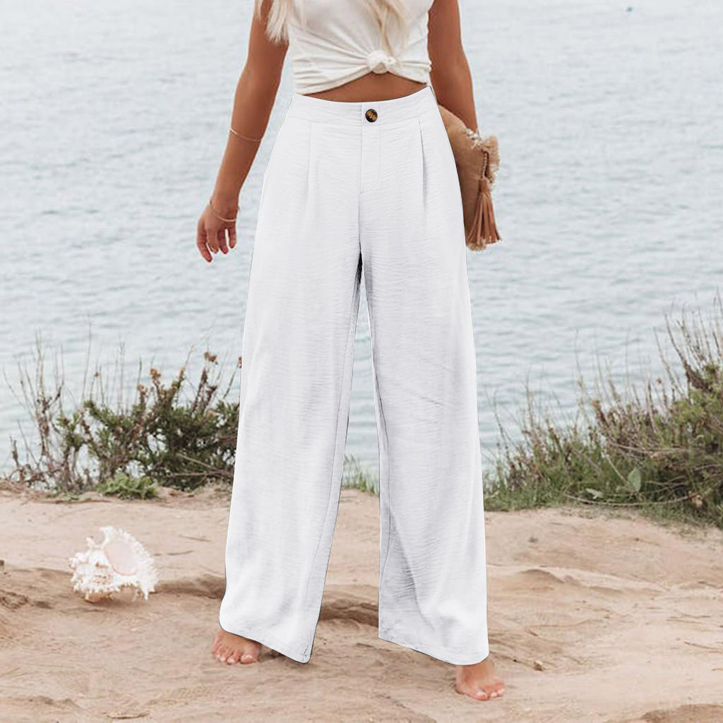 2026 Cross-Border Amazon European and American Summer Comfortable High-Waisted Long Pants with Buttons and Elastic Waist Wide-Leg Pants for Women Casual Straight-Leg Pants