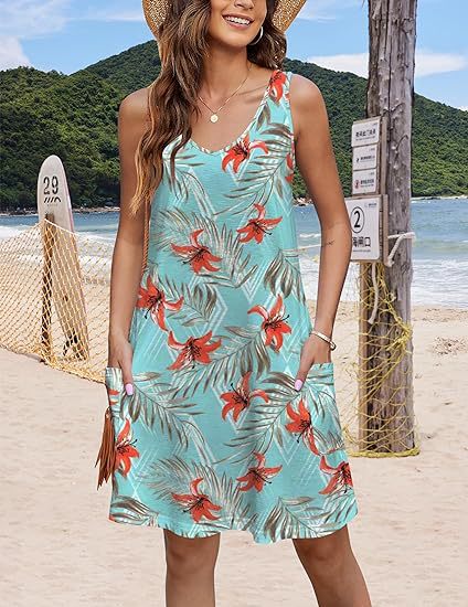 2024 summer casual vest V-neck loose dress with pockets summer bohemian beach dress floral T-shirt with pockets