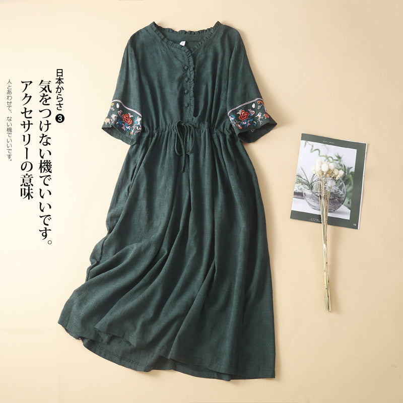 Ethnic Style Cotton and Linen Embroidered Dress Women's 2023 Summer Long Loose Style Lace Collar Short-Sleeved Over-the-Knee Long Dress