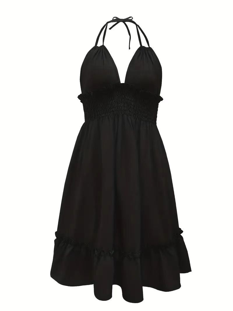 European and American Amazon Cross-Border Popular Women's Clothing Deep V Rope Suspender Parallel Pleated Sexy Dress Beach Degree