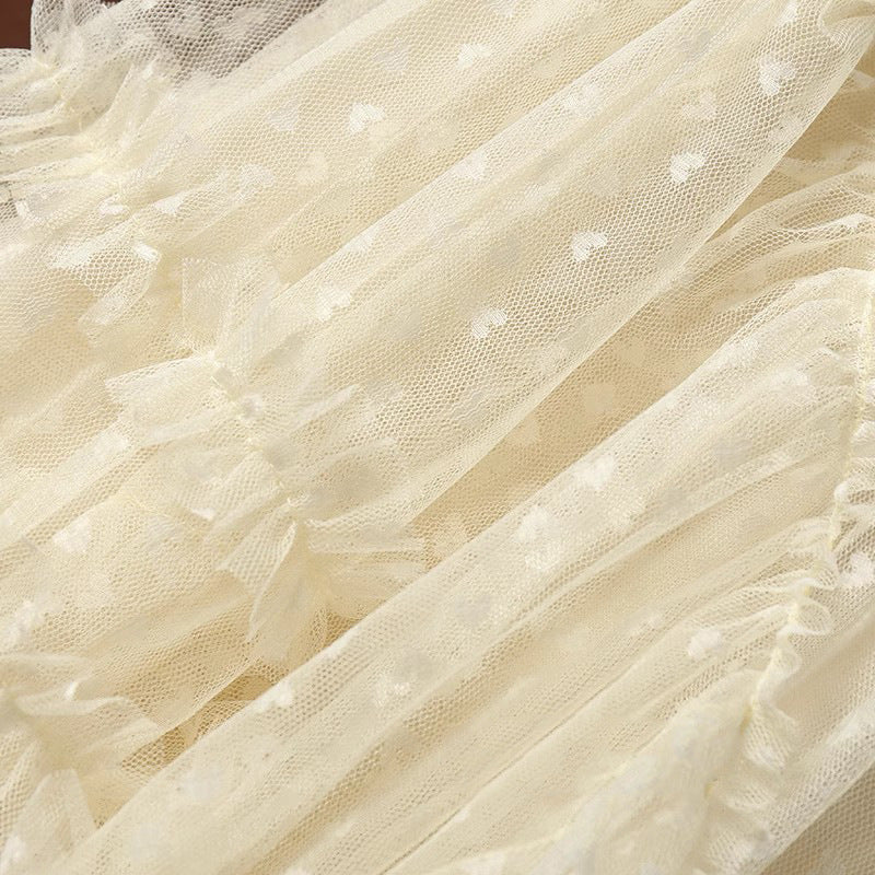2026 Mesh Heart Printed Skirt Women Elastic High Waist Skirt Elegant Tulle A Line Ruffle Party Skirt Long Summer Saia Feminina