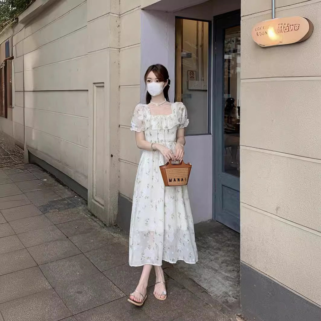 Gentle Floral Dress for Women, Summer 2026 New Chiffon Seaside Vacation First Love Dress, Puff Sleeve Long Dress