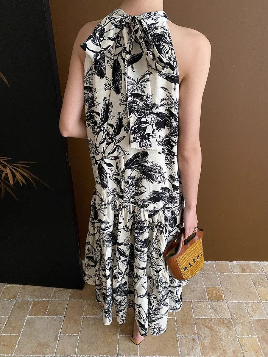 French Ink Print Sling dress Summer 2024 New Elegant Cool Beach Seaside Holiday Midi Dress