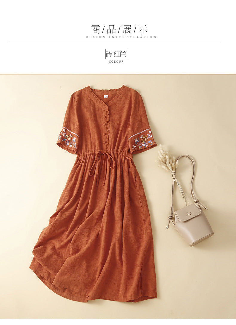 Ethnic Style Cotton and Linen Embroidered Dress Women's 2023 Summer Long Loose Style Lace Collar Short-Sleeved Over-the-Knee Long Dress