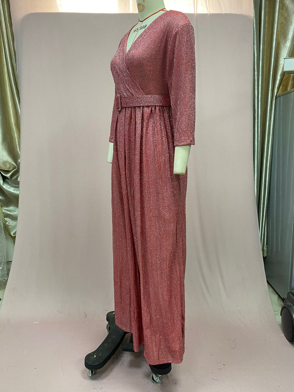 2025 Winter Cross-Border European and American African Women's Fashionable Long-Sleeved Bronzing Pleated Skirt with Belt Glitter Fabric