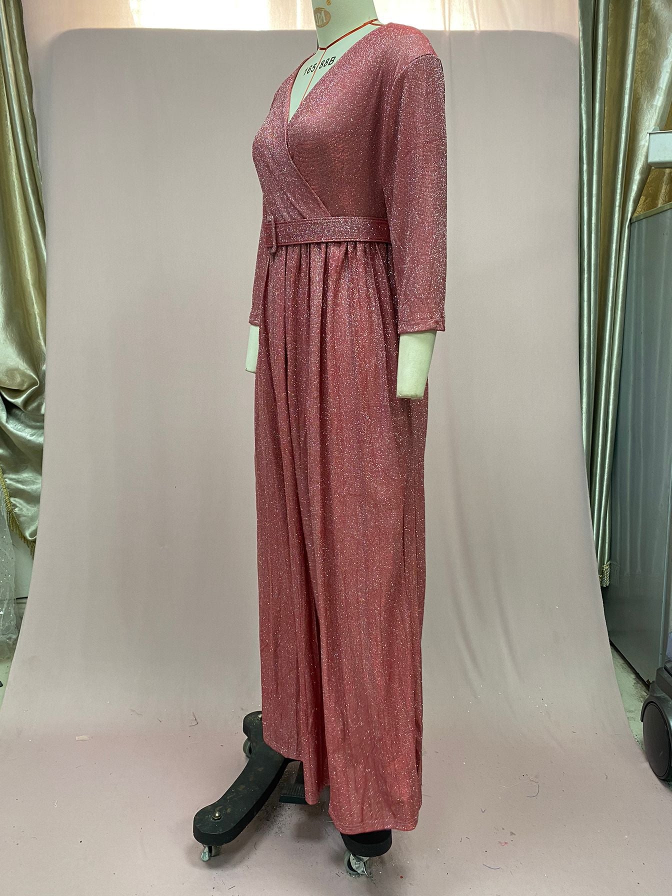 2025 Winter Cross-Border European and American African Women's Fashionable Long-Sleeved Bronzing Pleated Skirt with Belt Glitter Fabric
