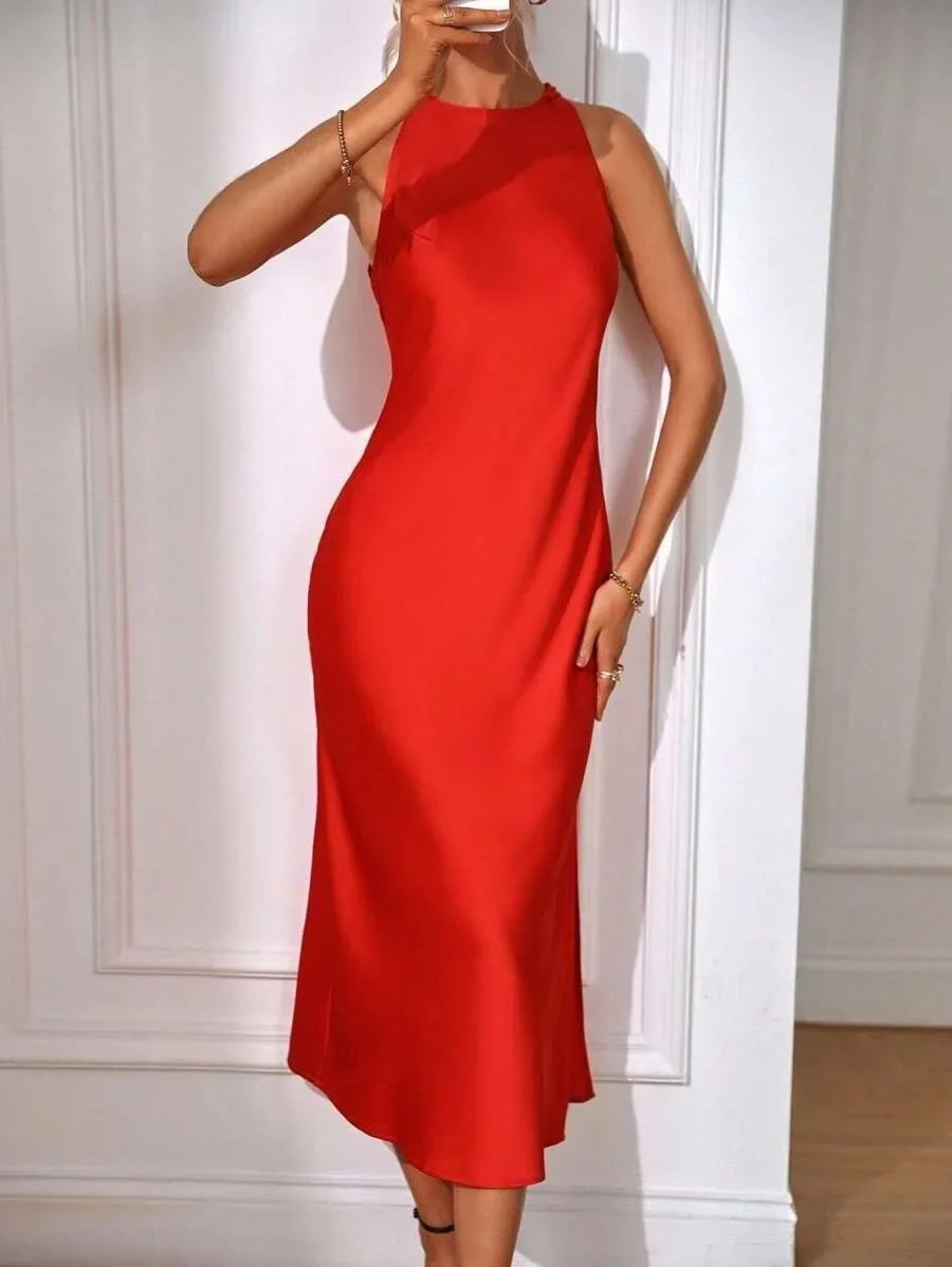 European and American Cross-Border Amazon Satin Dress Women's Spring and Summer Sleeveless Slit Satin Imitation Silk Long Skirt