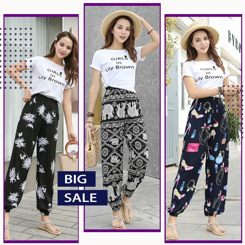 New Beach Pants for Women, Summer Cotton Silk Casual Pants, Thin Pajamas, Ethnic Style Anti-Mosquito Pants, Women's Home Bloomers