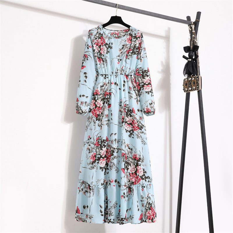 Cross-border Foreign Trade Floral Chiffon Long Dress Women's Spring Dress Long Sleeve Crewneck Base Skirt Waist Slim Long Dress