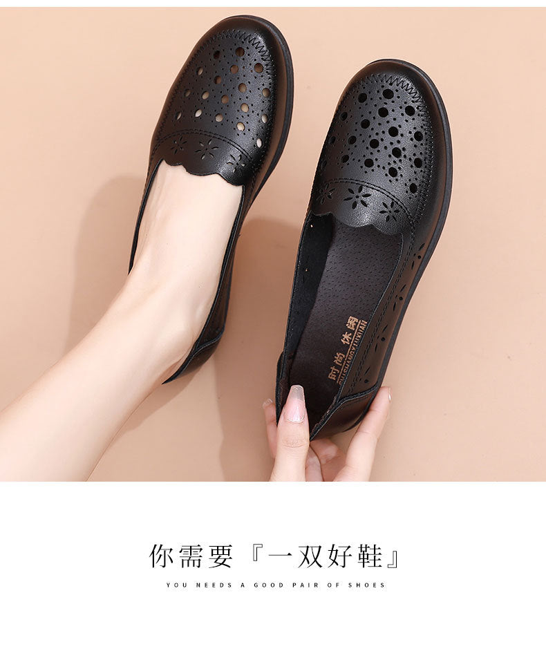 Spring Mom Shoes Sandals Soft Sole Comfortable Flats Hole Hollow Flats Shoes Middle-Aged and Elderly Women's Shoes Elderly Grandma Leather Shoes
